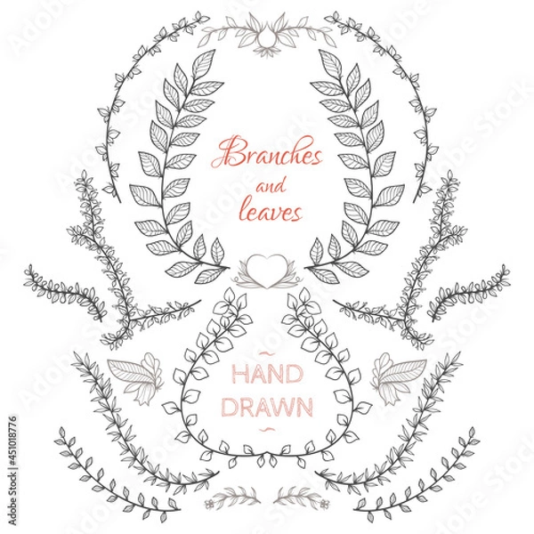 Obraz Branches and leaves nature hand-drawn elements set