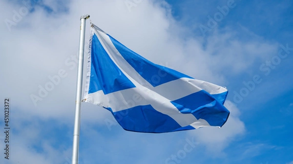Fototapeta The St. Andrew Cross, national flag of Scotland, flying in the wind,