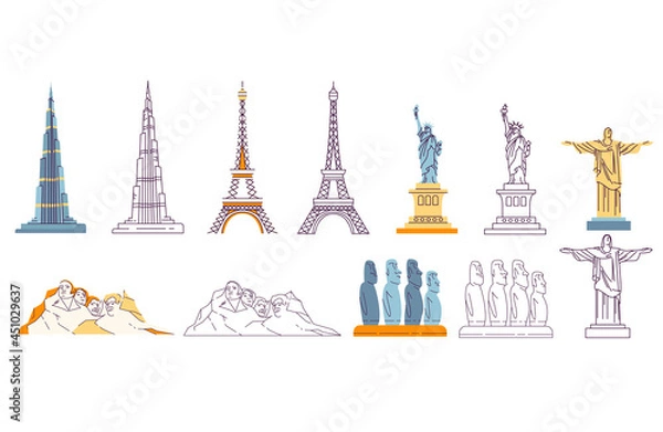 Fototapeta Landmark elements collection. Famous world buildings isolated set. Different architecture, touristic  objects  in cartoon design.