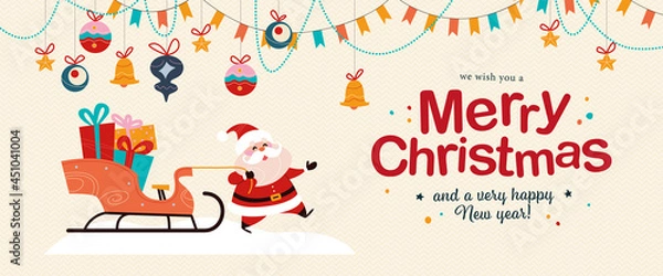 Fototapeta Merry Christmas and Happy New year congratulation card with funny Santa Claus character drag sleigh full of gifts, fir tree toys and garlands hang. Vector flat illustration for banner, invitation.