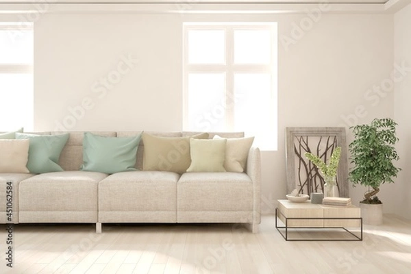 Fototapeta Stylish room in white color with sofa. Scandinavian interior design. 3D illustration