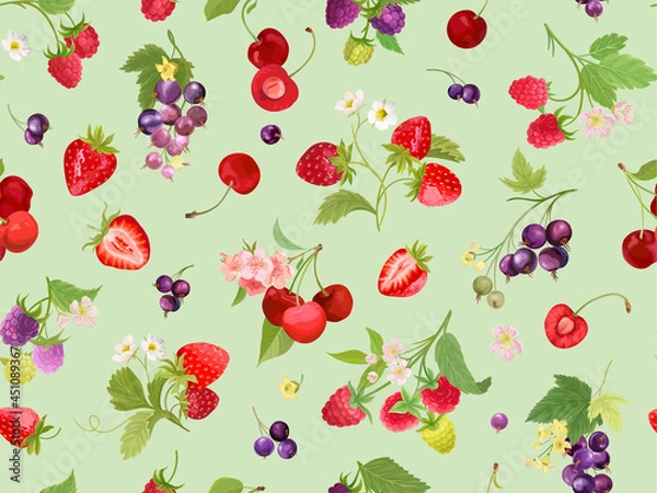 Fototapeta Watercolor cherry, strawberry, raspberry, black currant seamless pattern. Summer berries, fruits, leaves
