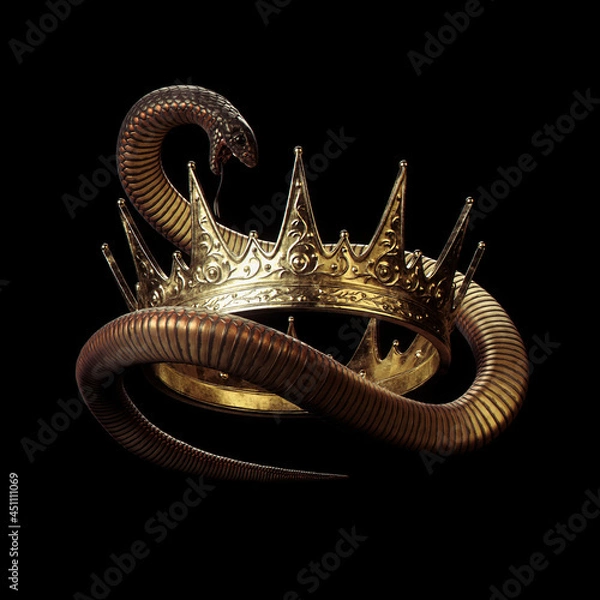 Obraz Golden crown with black snake on dark background	
