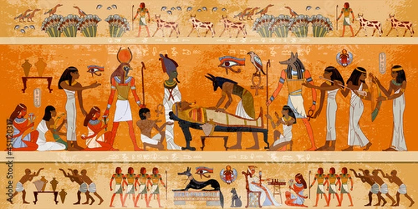Fototapeta Ancient Egypt. Mummification process. Egyptian gods, mythology. Hieroglyphic carvings. History wall painting, tomb King Tutankhamun. Concept of a next world. Anubis and pharaoh sarcophagus