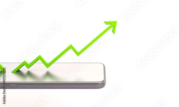 Fototapeta 3d mobile phone with arrow of online stock market trading with ,3d render illustration background