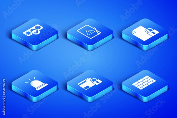 Obraz Set Firewall, security wall, Password protection, Folder and lock, Motion sensor, Tablet with exclamation mark and Document icon. Vector