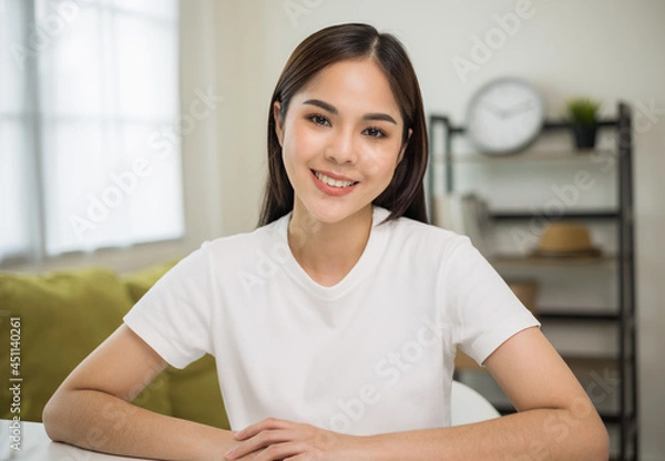Obraz Young asian woman looking at camera video conference online sitting in living room at home. Business Woman looking at screen Meeting on social media live steam. Work, learning from home.