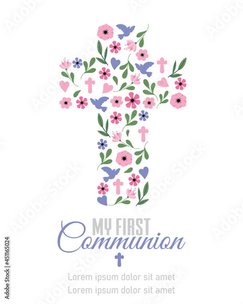 Fototapeta My first communion card. Floral crucifix. Isolated vector