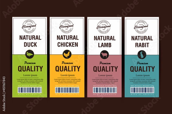 Fototapeta Fine Quality Organic Meat and Poultry Vertical Labels Set. Modern Typography and Hand Drawn Pig