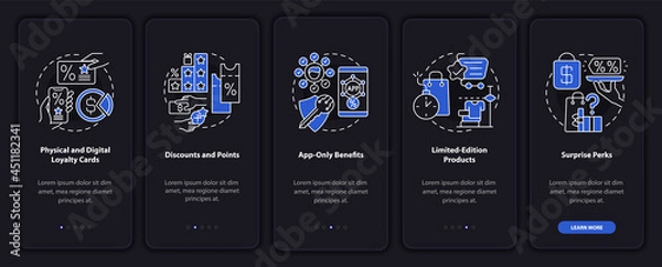 Obraz Grocery store loyalty program ideas dark onboarding mobile app page screen. Walkthrough 5 steps graphic instructions with concepts. UI, UX, GUI vector template with linear night mode illustrations