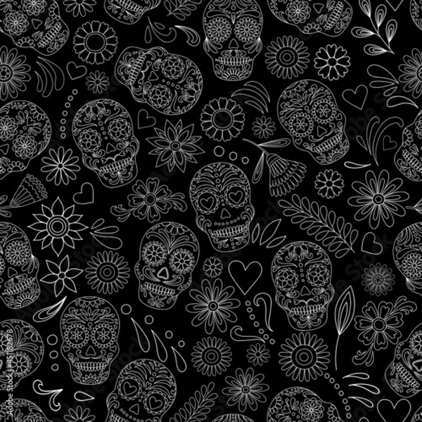 Obraz Day of the dead sugar skull pattern. Dia de los muertos print. Day of the dead and mexican Halloween. Mexican tradition  festival texture. Dia de los Muertos tattoo skulls on black background.