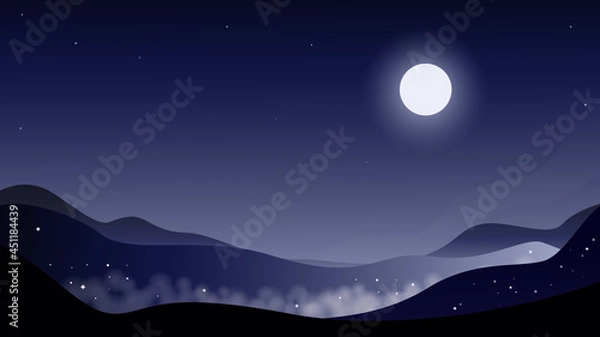 Fototapeta flat vector illustration of mountains, night mountains, fog, starry sky, moon in the sky vector