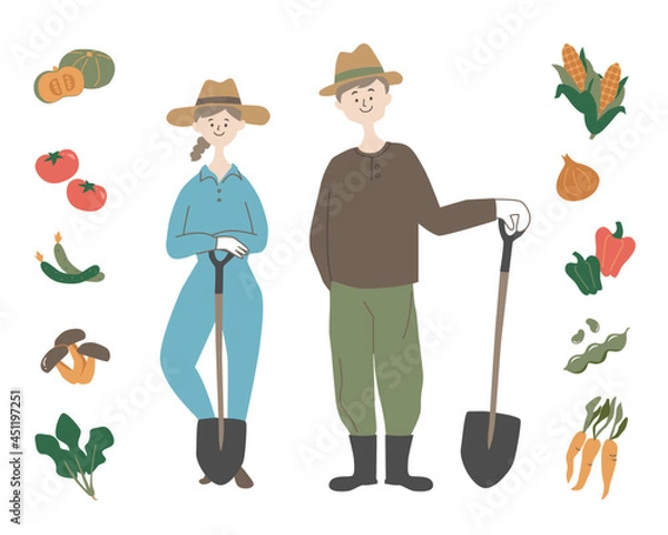 Obraz 農業をする男女と野菜セット
