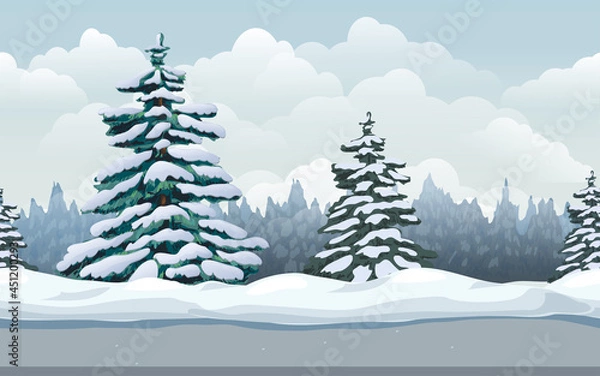 Obraz Winter landscape seamless forest background. Vector cartoon illustration of cold winter sunny day outdoor. cold season nature scene with snowy spruce, evergreen coniferous forest, snow drifts and road