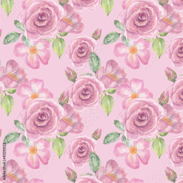Obraz Pink roses seamless pattern background, watercolor hand drawn