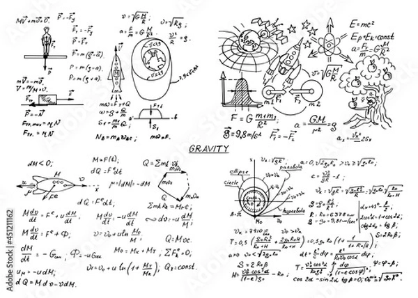 Obraz The law of force of gravity. Physical equations, formulas and schemes on whiteboard. Vector hand-drawn illustration. Vintage scientific and educational background.