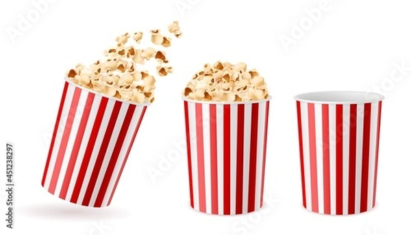 Fototapeta Realistic bucket popcorn. 3d corn snacks paper cups, striped red white packaging empty, full, and with flying flakes buckets, cinema salty and caramel fast food, dry souffles vector concept