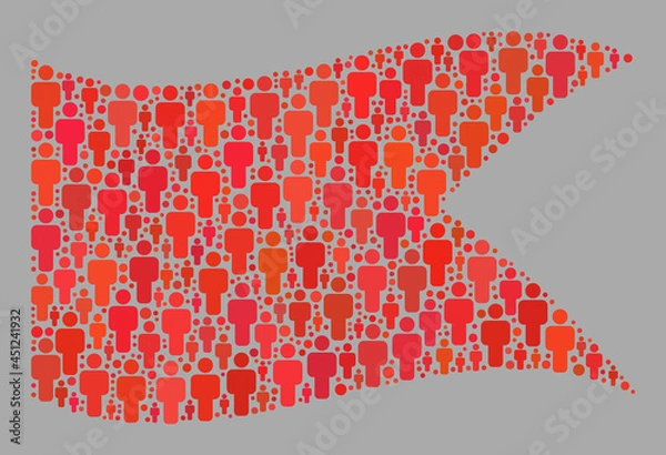 Fototapeta Mosaic waving red guidon flag designed with person items. Vector crowd mosaic waving red guidon flag combined for political illustrations. Red guidon flag collage is created of scattered people items.