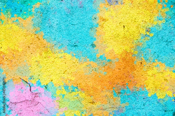 Fototapeta Multicolor grunge background texture, template for banners, concrete wall. Yellow and blue splashes on the wall.	