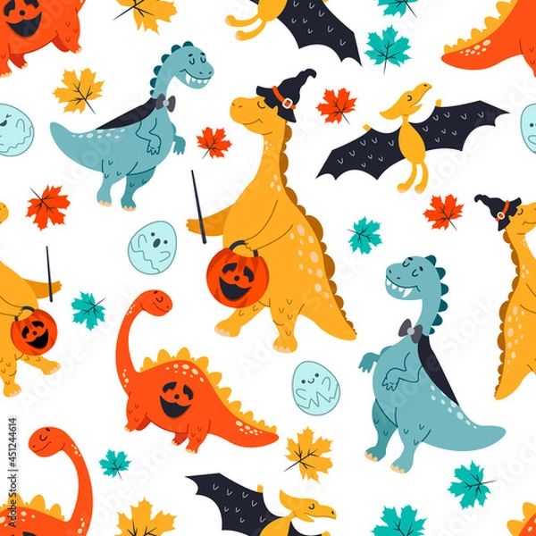 Fototapeta Vector seamless pattern. Cute dinosaurs in cartoon style for Halloween. Happy Halloween pattern