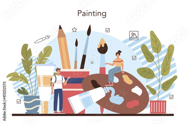 Fototapeta Art school education. Student holding art tools learning