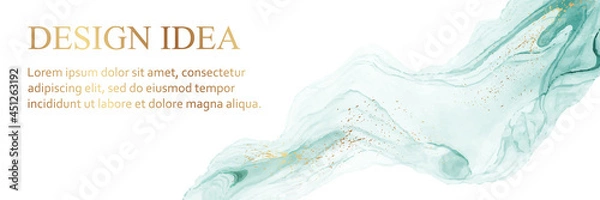 Fototapeta Modern watercolor background or elegant card design or banner or header with abstract teal ink waves and golden splashes on a white.