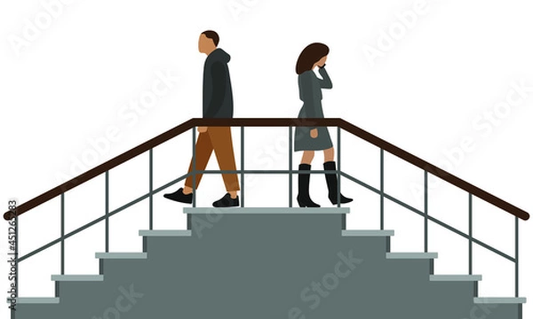 Obraz Female character talking on the phone and male character going down the stairs in different directions