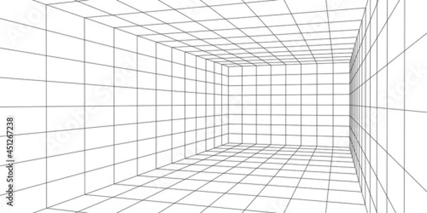 Fototapeta Wireframe room on the white background. Vector perspective grid. Box with digital space.