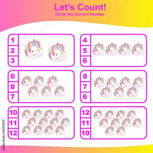 Fototapeta Count and Match Unicorn Game for kids. Unicorn counting game.  Math Worksheet for Preschool. Educational printable math worksheet. Vector illustration. 
