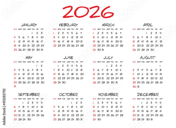 Fototapeta Monthly calendar template for 2026 year, simple calendar design, Planner, Week Starts on Sunday, Wall calendar 2026 design, Desk calendar 2026, Business template vector illustration
