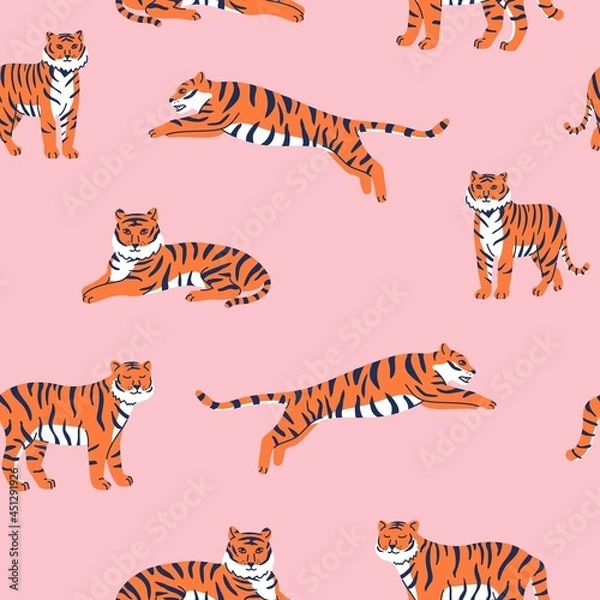 Fototapeta Vector seamless pattern with cute tigers on the pink background. Circus animal show. Tiger year. Fashionable fabric design.