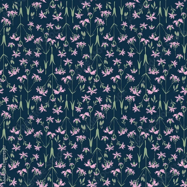 Fototapeta Seamless botanical blue pattern with meadow flowers
