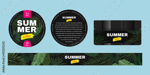 Fototapeta Skin care cosmetic product packaging design template, beauty product package layout with tropic leaves illustration, label sticker for moisturizer in jar, branding design with logo