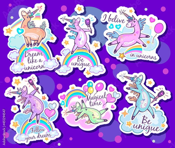 Fototapeta Stickers with Unicorns and Inspiring Quotes