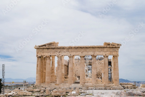 Fototapeta The Parthenon. Acropolis hill in Athens, Greece. Ancient architecture of Europe. Antique temple. Huge columns. Nobody.