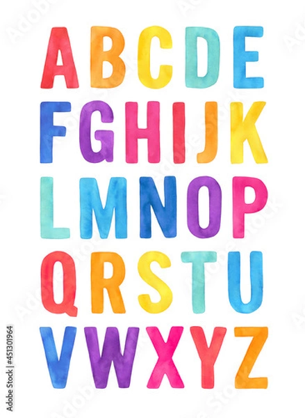 Obraz English alphabet in bright rainbow colors: red, orange, yellow, teal, light blue, navy, purple and pink. Handdrawn water color graphic drawing on white background, cut out clipart elements for design.