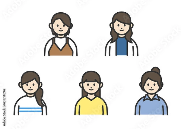 Obraz 女性の上半身イラストアイコン素材セット