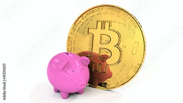 Obraz Representation of a golden coin next to a pink piggy bank, isolated on a white background.