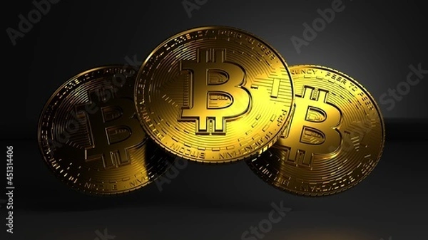 Obraz Isolated coins floating on a black background and a ray of light illuminates them.