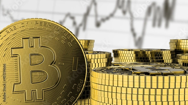 Obraz Golden and stacked coins, with a white background and a graph that represents the rise and fall of their price.