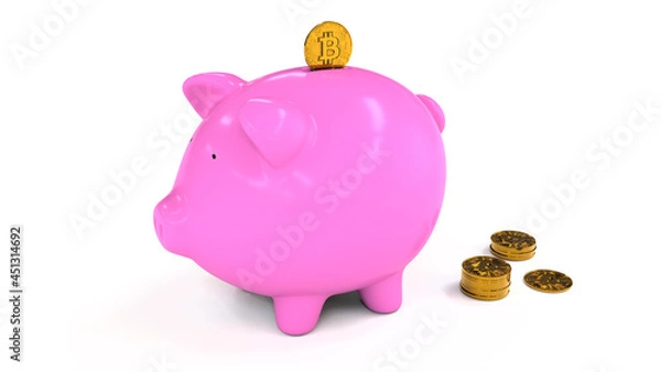 Obraz Coin entering a pink pig piggy bank on white isolated background