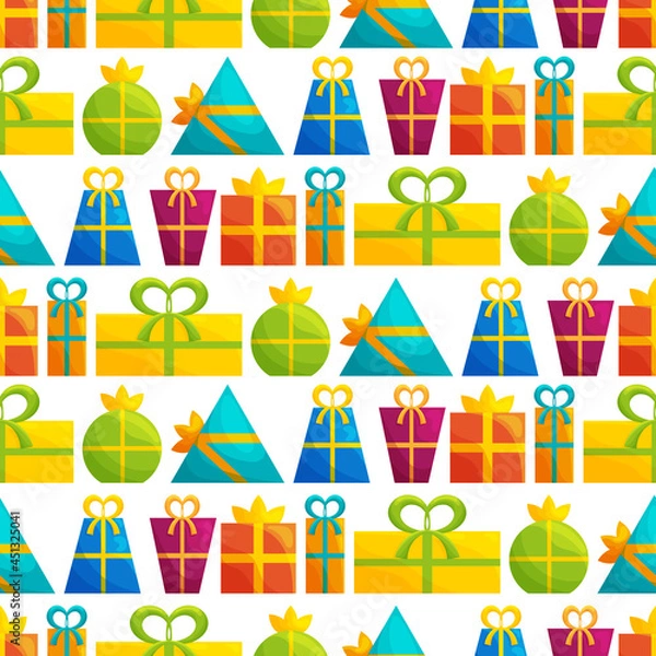 Fototapeta Seamless pattern with flat gift boxes on white.