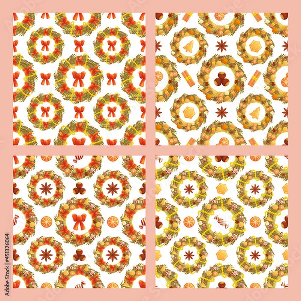 Fototapeta Set of seamless patterns with Christmas wreaths on white.