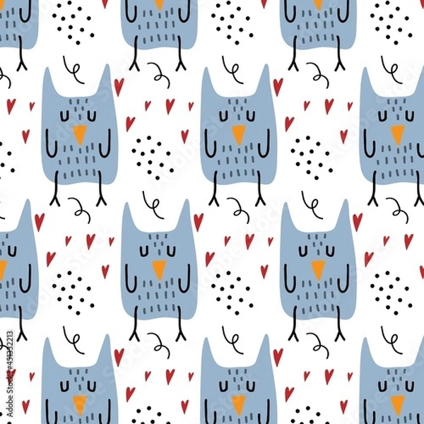 Obraz Children's hand-drawn seamless pattern with an owl. Pattern with an owl and hearts. Pattern for cards, posters, prints, fabrics.
