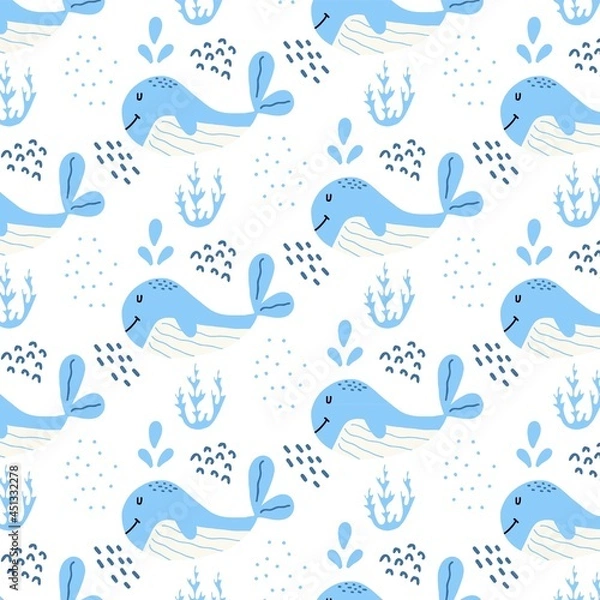 Fototapeta Vector hand-drawn seamless pattern with whales. Childish pattern with whales and algae. Pattern for postcards, fabrics, prints.