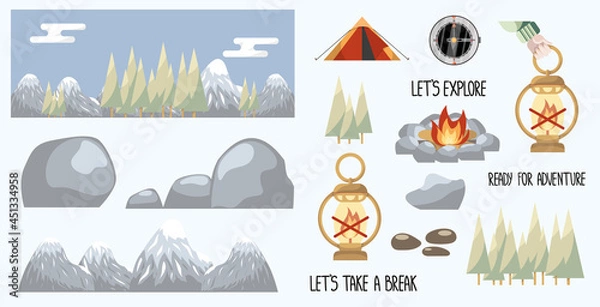 Fototapeta Set of flat camping elements on white.
