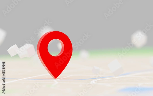 Obraz 3D Rendering red GPS pinpoint of destination on the map, for navigator and route for travel concept, select focus shallow depth of field