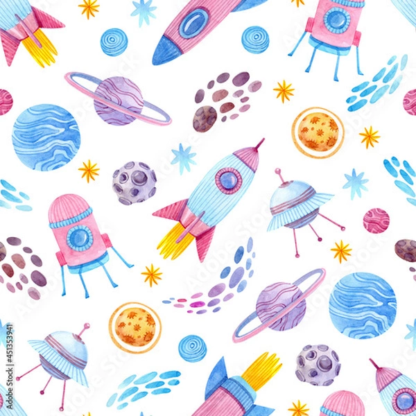 Fototapeta Seamless watercolor pattern with rockets, spaceship, planets, stars, meteors and asteroids. Cute baby space print.