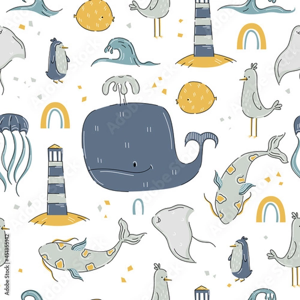 Fototapeta Marine pattern with whale, sea fish, lighthouse in hand drawn cartoon style. Vector stock illustration