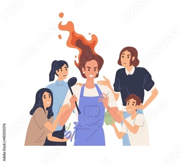 Fototapeta Hard parenting concept. Angry tired mother and many annoying children. Mom's stress, mind-shift and exhaustion after household duties overload. Flat vector illustration isolated on white background